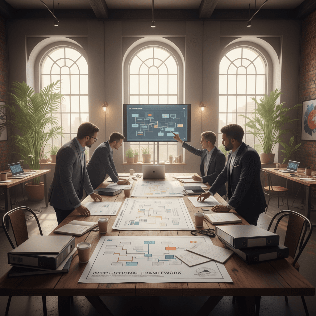 Technical workspace scene showing system architecture documentation and institutional framework blueprints being reviewed.