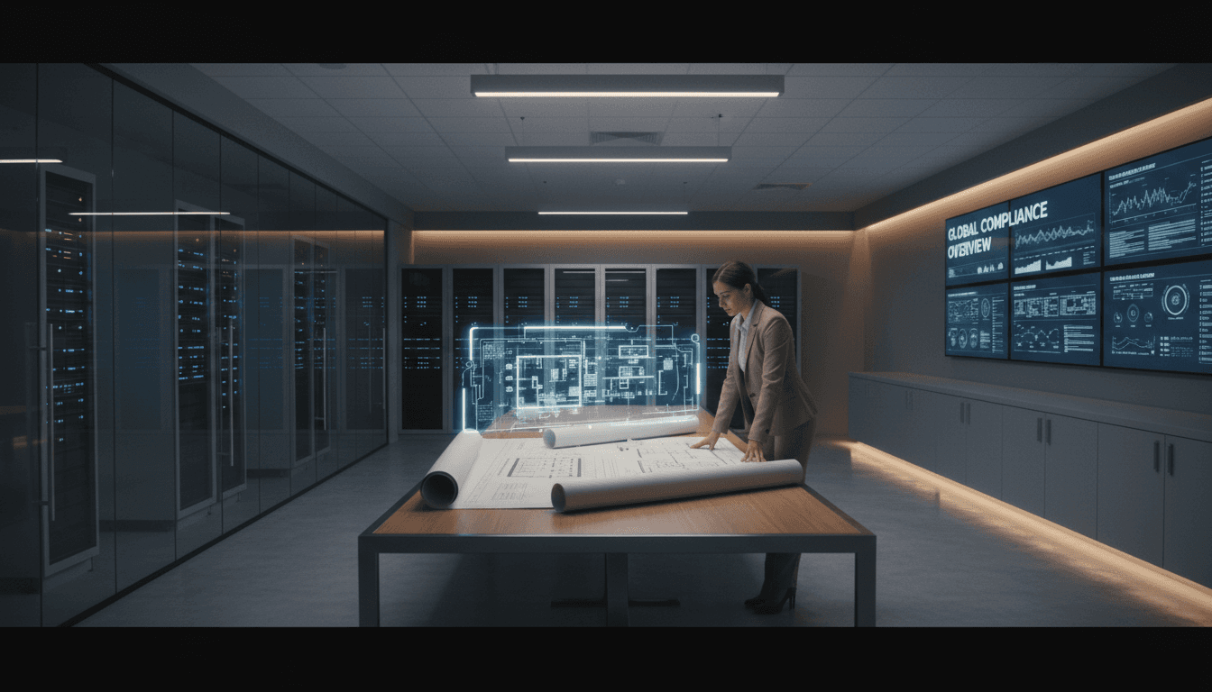 Modern institutional workspace with compliance monitoring systems and architectural blueprints