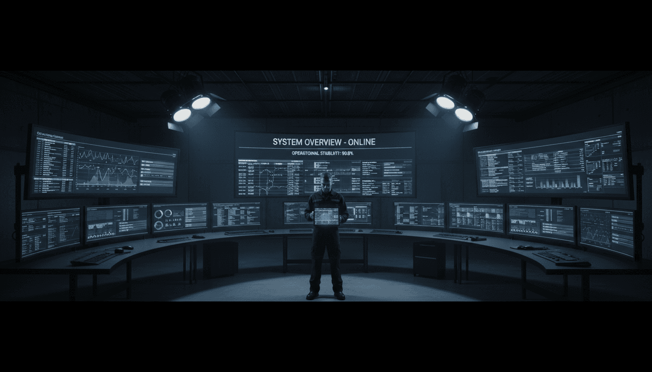 Modern institutional control room with system monitoring displays and dashboards