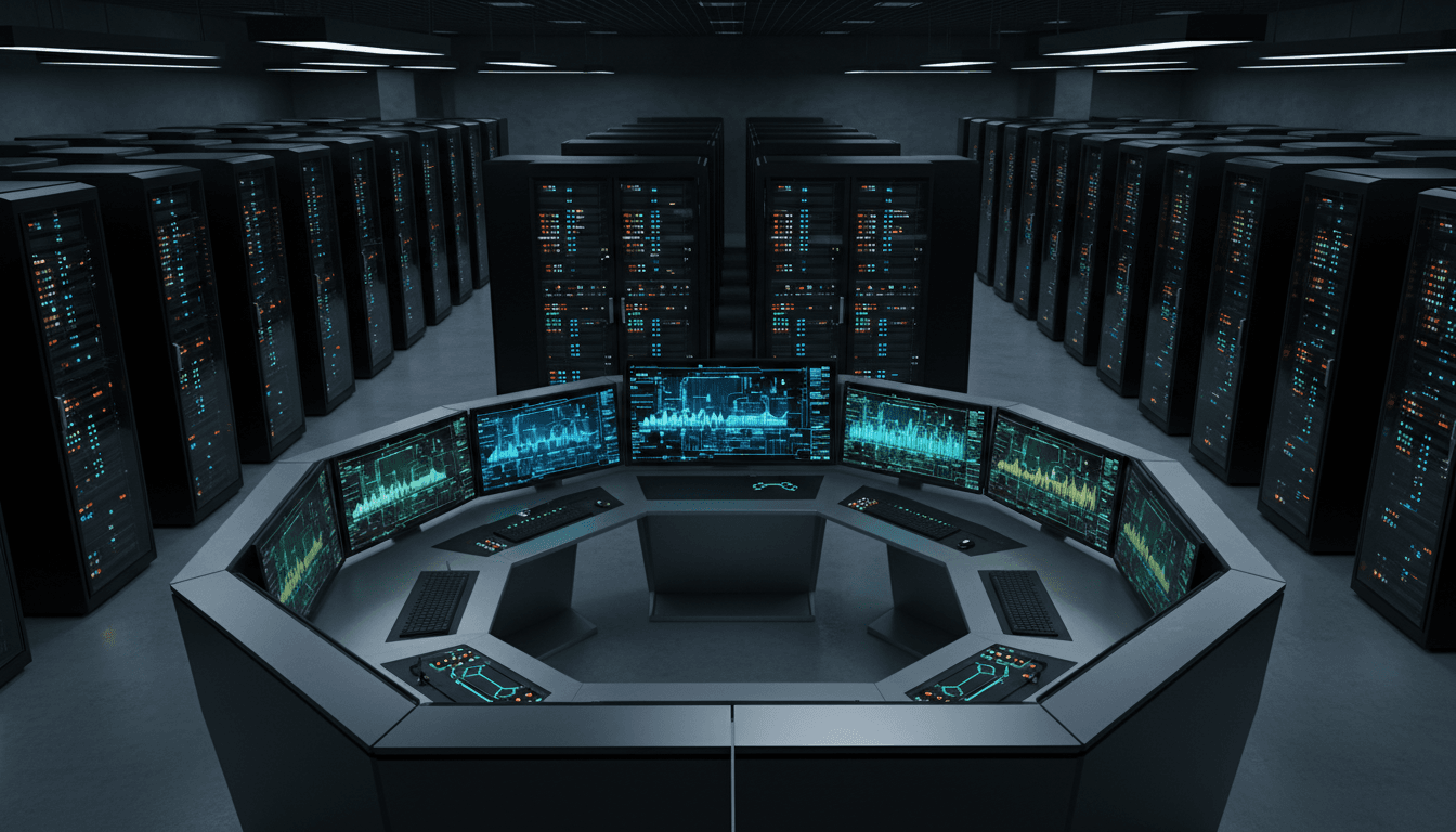 Modern institutional infrastructure control room with active monitoring systems and technical equipment