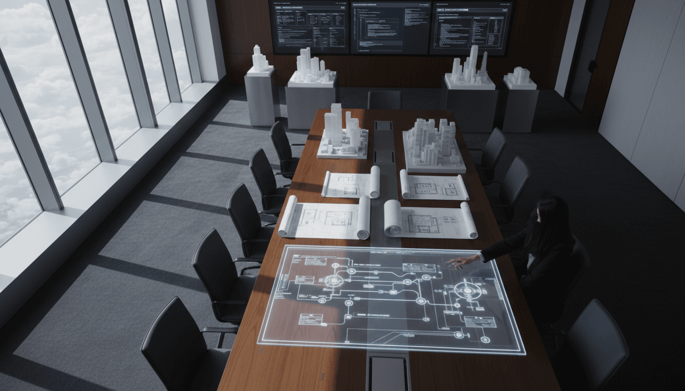Institutional systems design workspace with infrastructure blueprints and framework diagrams