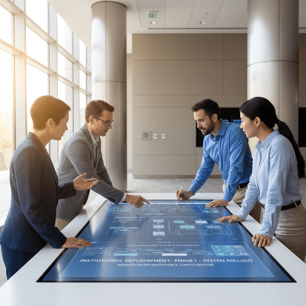 Team reviewing system implementation and deployment plan