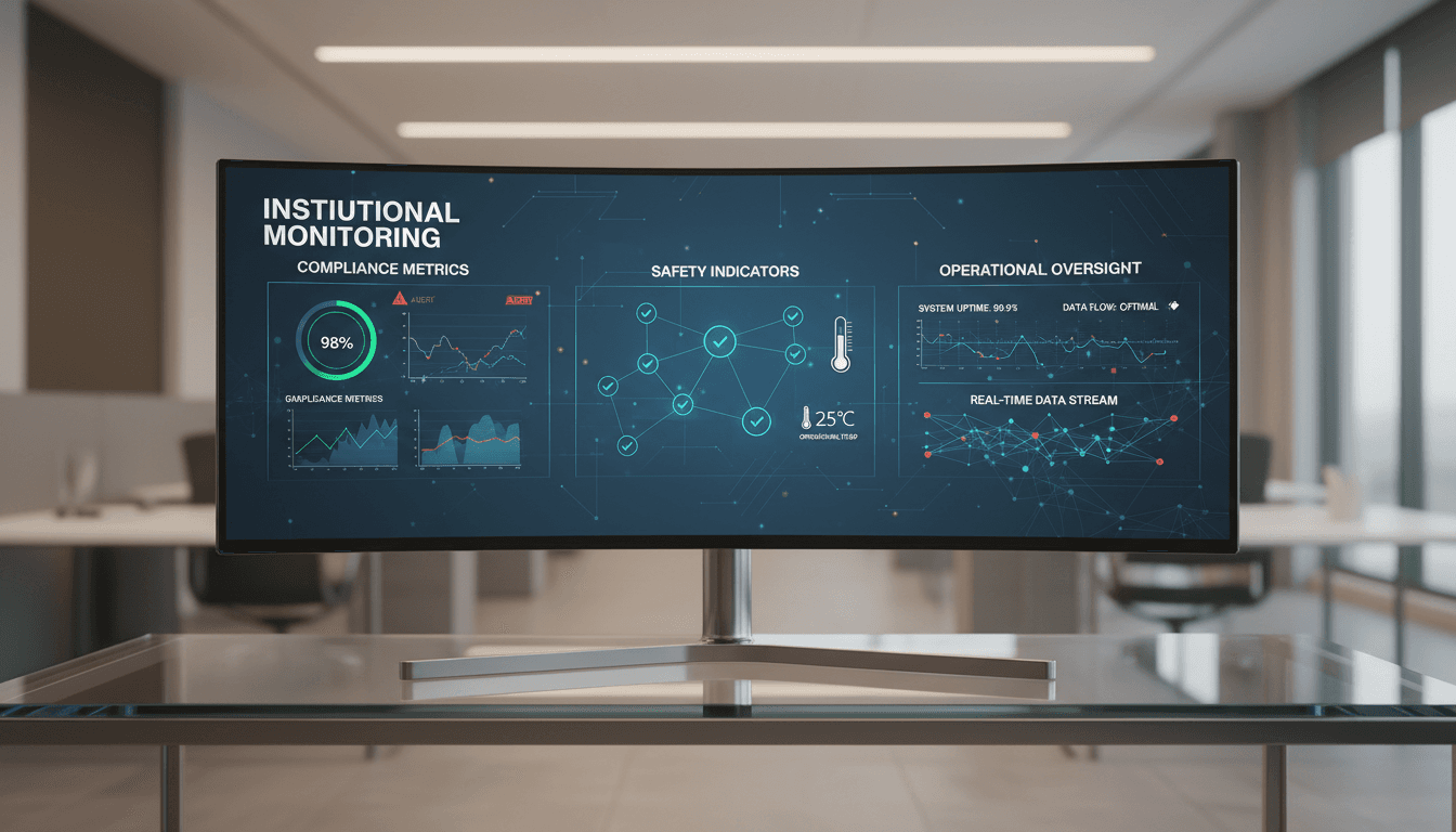 Modern institutional monitoring dashboard showing system architecture and compliance data