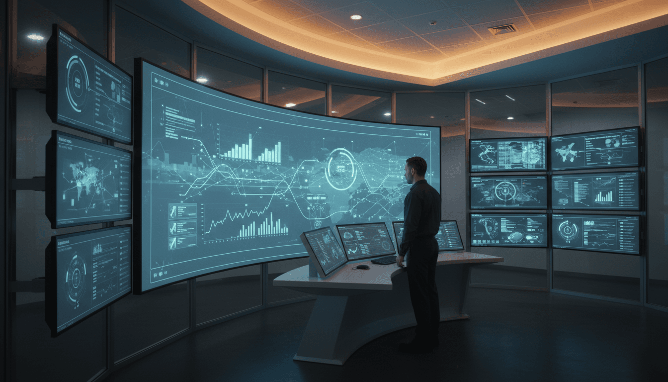 Operations center with institutional monitoring systems and data dashboards