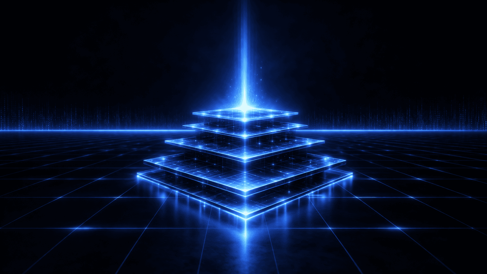 Glowing blue tiered digital pyramid emitting a vertical beam of light on a dark grid.