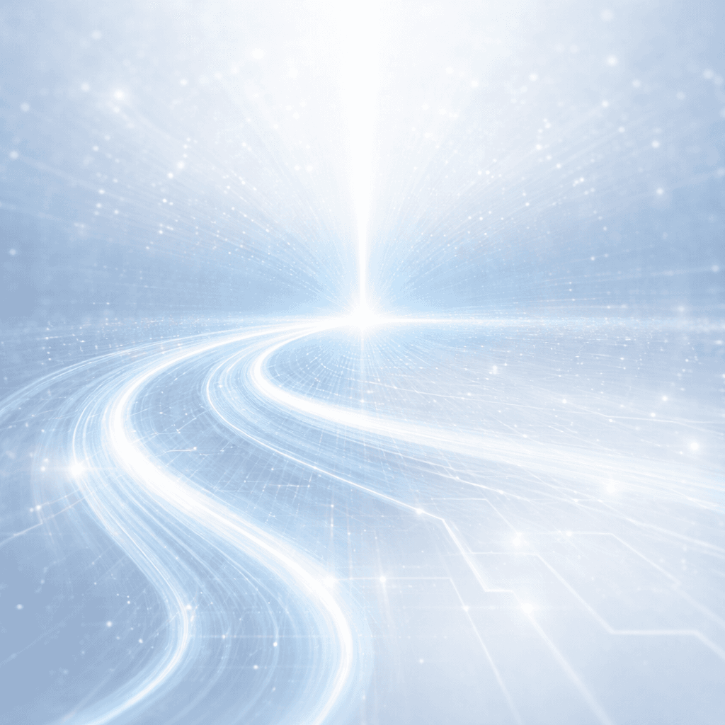 Luminous blue light trails winding through a sparkling digital space toward a brilliant white horizon.