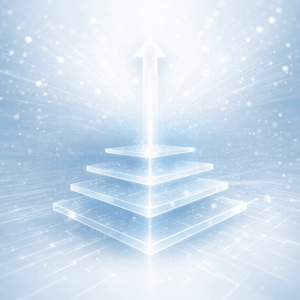 Glowing blue digital pyramid with an upward arrow against a futuristic sparkling light background.