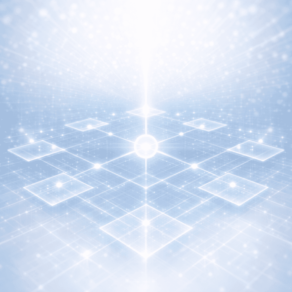 Glowing blue digital network featuring interconnected square nodes and a central radiant sphere of light.