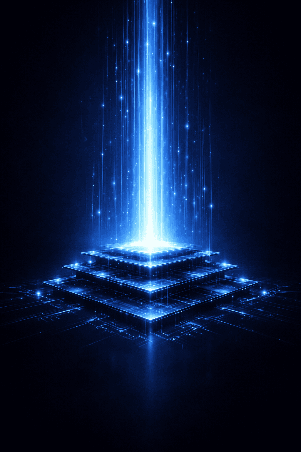 Glowing blue energy beam rising from a tiered, high-tech platform with intricate digital circuitry.