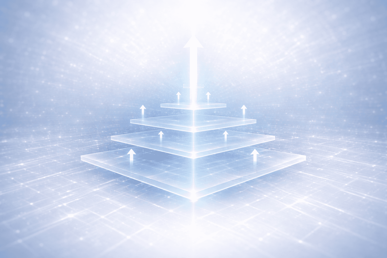 Glowing translucent blue platforms stacked with white arrows pointing upwards in a bright digital space.