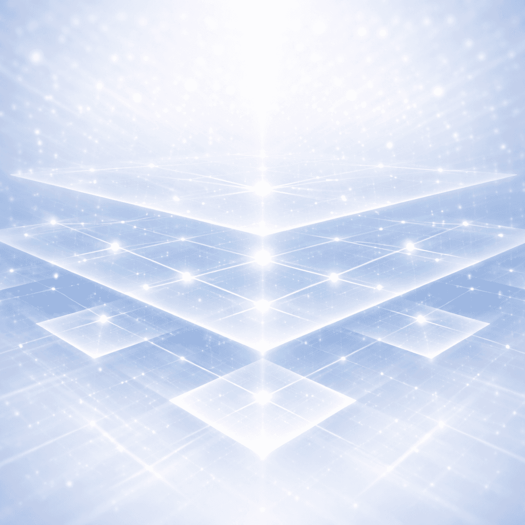Futuristic light blue background with glowing translucent diamond planes and sparkling points of light.