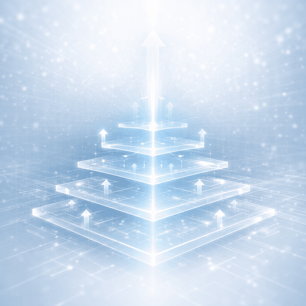 Glowing blue tiered platforms with upward arrows, representing technological advancement and digital growth.