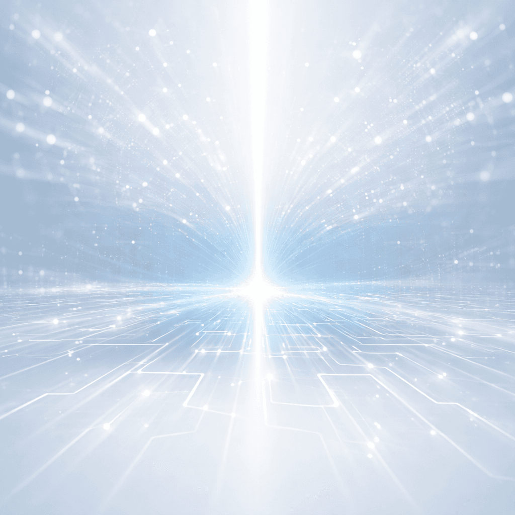 Glowing white light radiating from a central point over a blue digital circuit landscape.