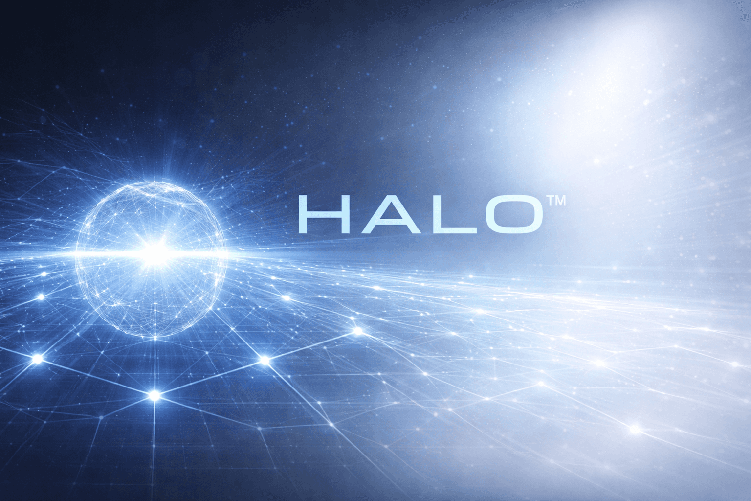 Glowing blue sphere and interconnected digital network background featuring the white HALO logo.