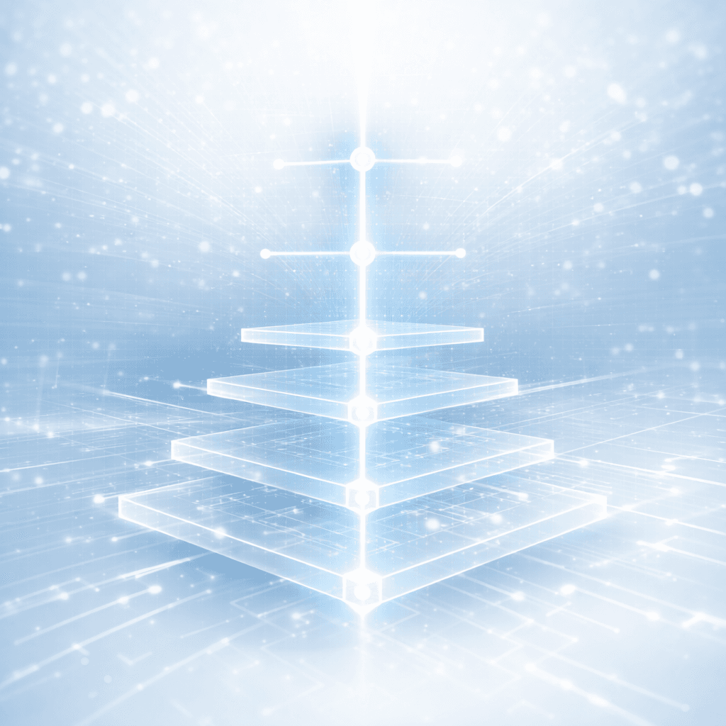 Glowing blue translucent platforms stacked in a pyramid shape with a central vertical light beam.