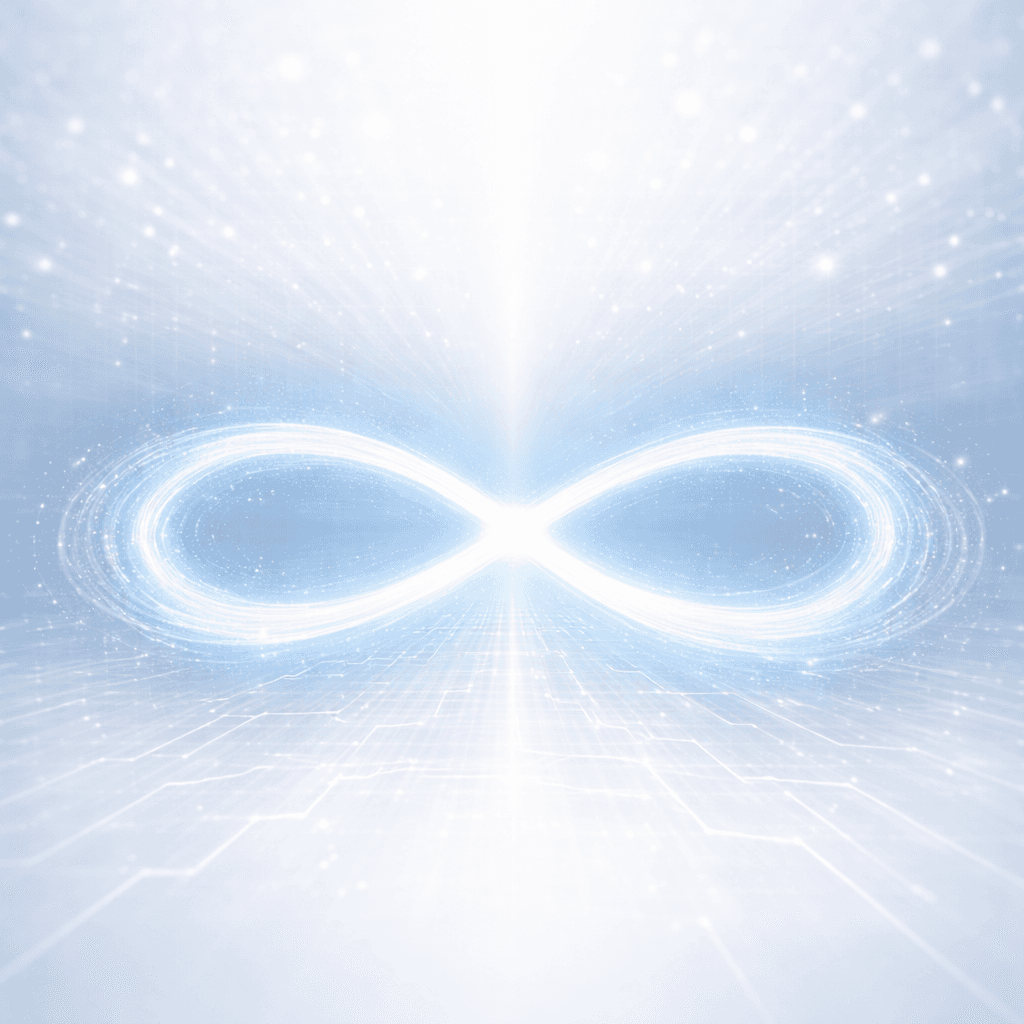 Glowing blue infinity symbol made of swirling light energy in a bright, ethereal digital space.
