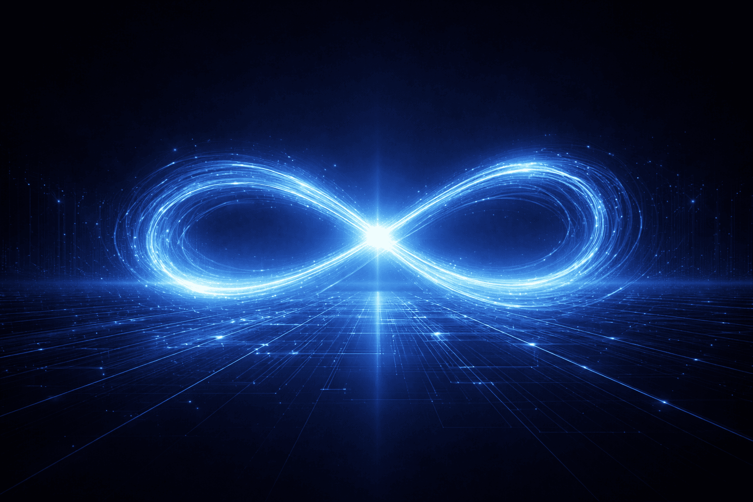 Glowing blue infinity symbol composed of light trails above a dark futuristic digital grid.