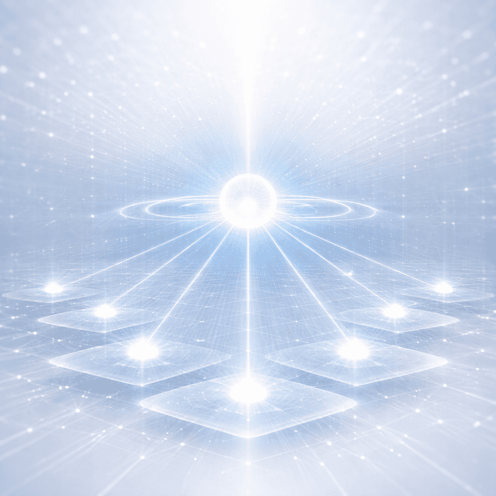 Glowing central sphere radiating light beams to square platforms on a futuristic blue digital grid.