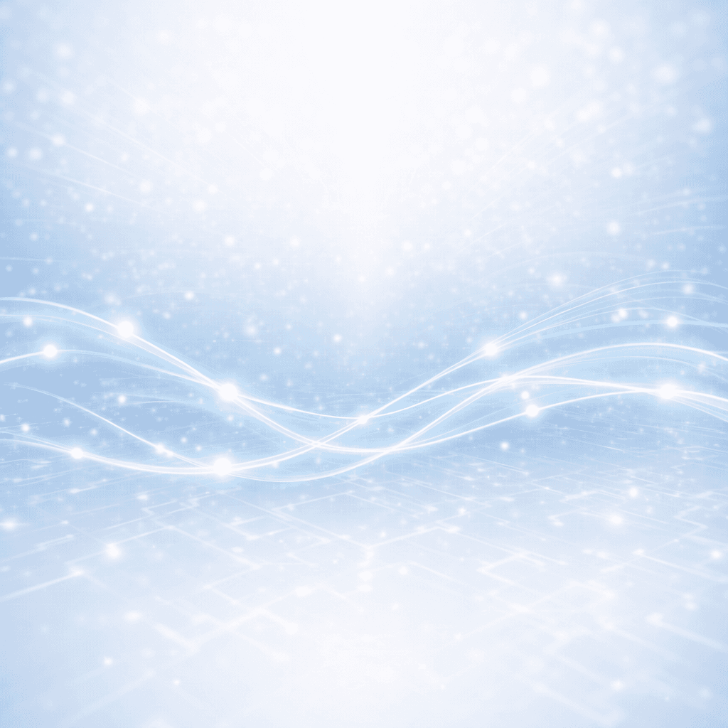 Abstract light blue background with glowing waves, shimmering particles, and a faint digital circuit pattern.