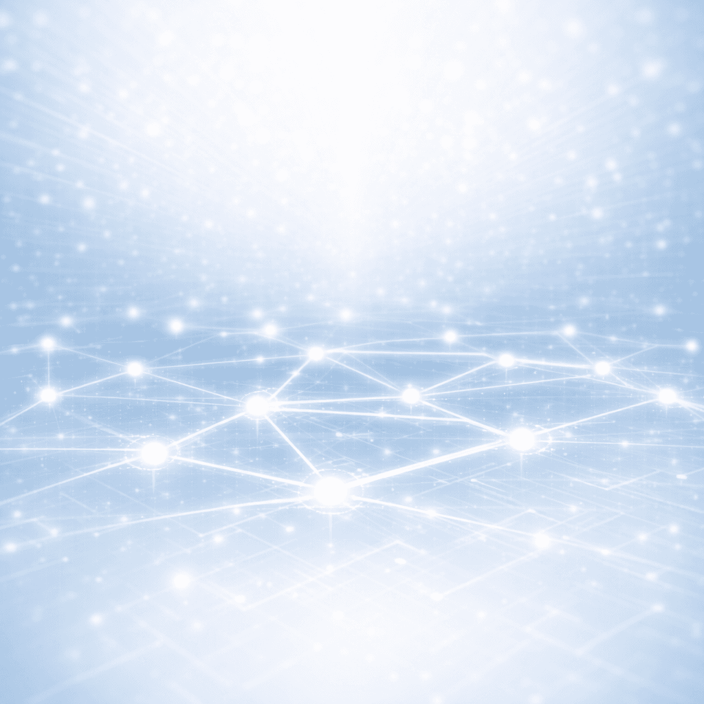 Glowing blue digital network with interconnected lines and nodes against a bright luminous background.