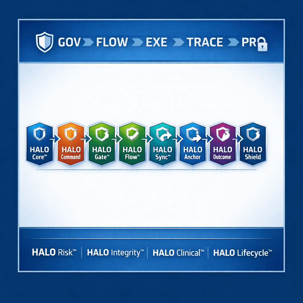 Diagram showing a linear workflow of eight HALO software modules with colorful shield icons.